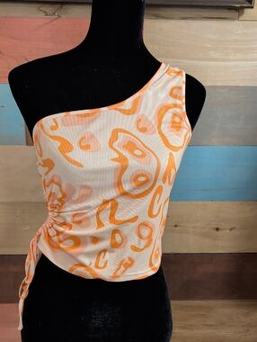 Asymmetrical Orange Print Side-Tie Crop Top